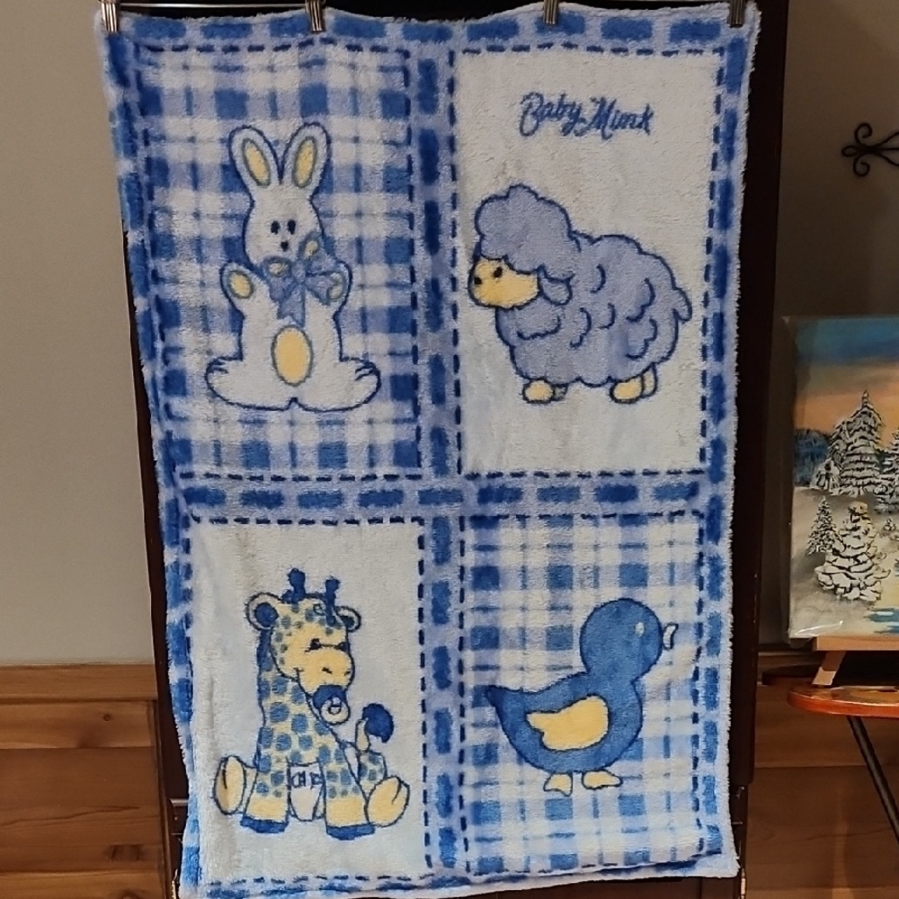 VINTAGE BABY Blue Animal HANDMADE Print Blanket MINKY SO SOFT